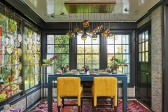 2020 Pasadena Showcase House Breakfast Room with traditional black painted windows and high gloss ceiling mural